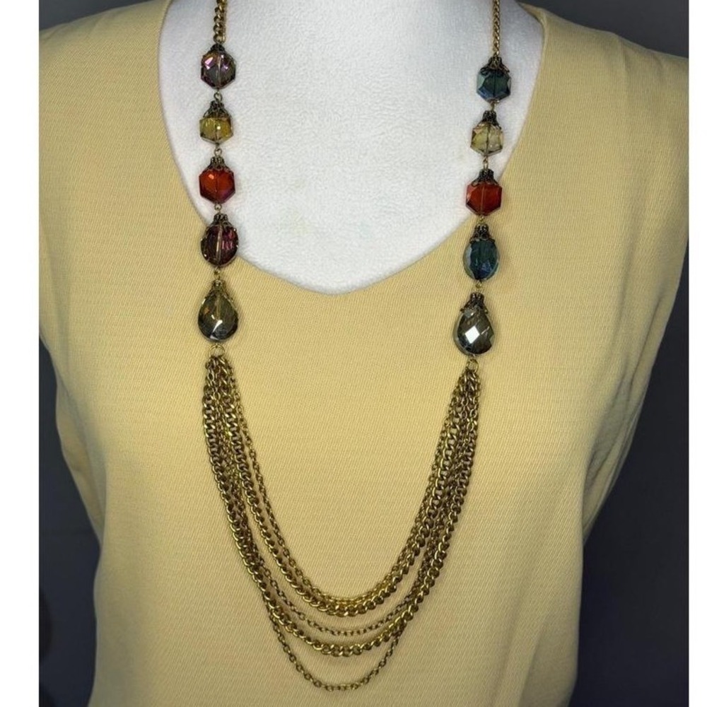 Antique Gold Multi‎ Strand Tiered Statement Necklace with Faceted Glass Beads